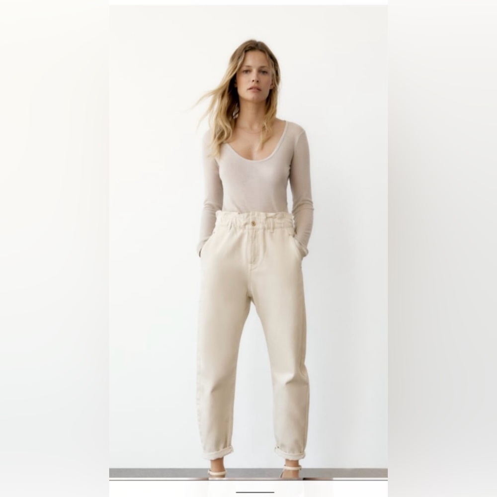 Zara White Paperbag Waist Trousers Jeans Size 10 - Picture 6 of 12